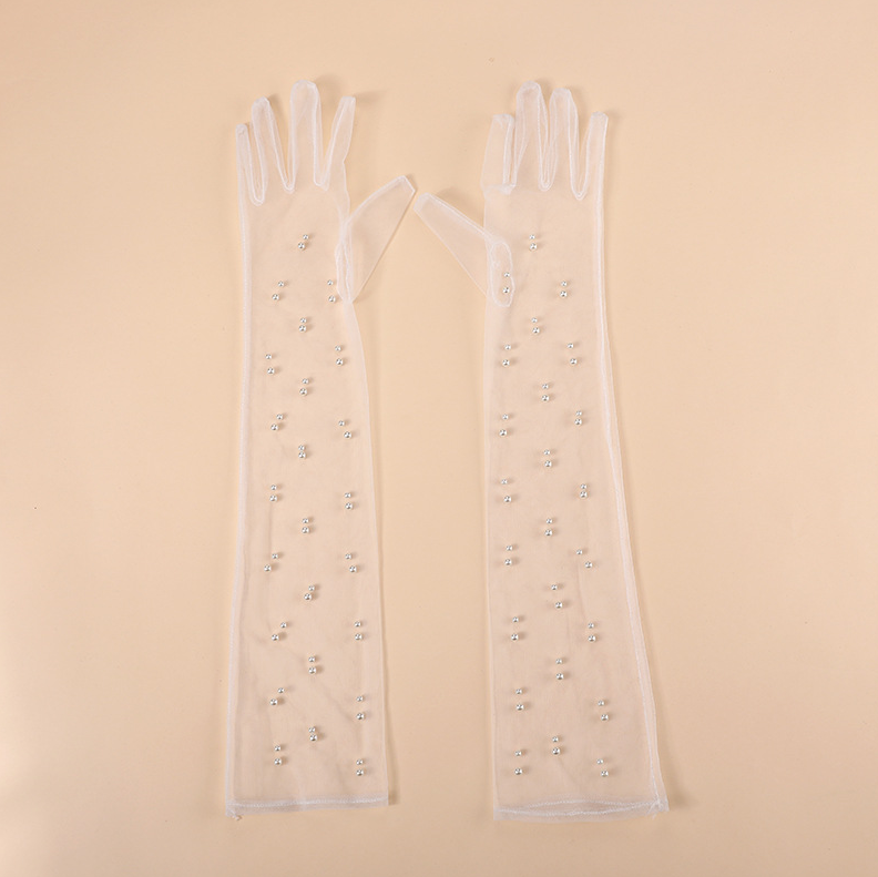 Mesh sun protection gloves pearl full finger gloves transparent lace long dress bride wedding gloves     S6272
