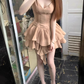 Pure desire style V-neck suspender dress 2025 sweet and spicy waist ruffled puffy short skirt R1284