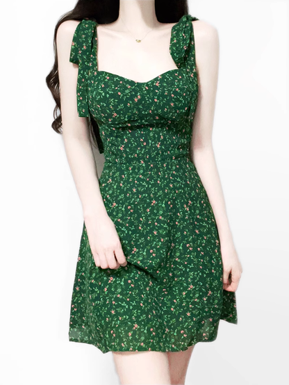 2025 Summer New Retro Platycodon Floral Green Holiday Short Suspender Dress R0906