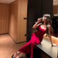 Retro suspender dress Christmas wine red velvet slim hip-wrapped slit dress R1556