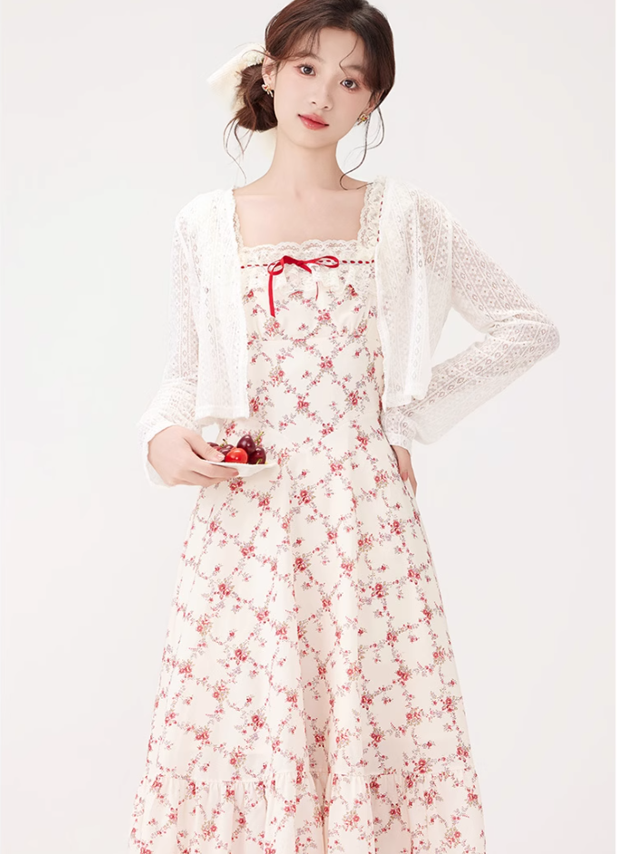 French style gentle sweet floral dress new lace waist long skirt R2380