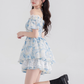 One-shoulder floral dress summer lotus leaf sleeve suspender skirt new high waist A-line skirt R4422