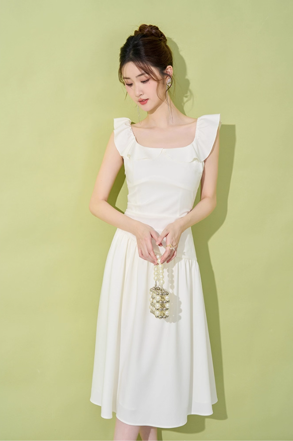 Niche design dress for women in summer French temperament waist high-end mid-length white skirt R4254