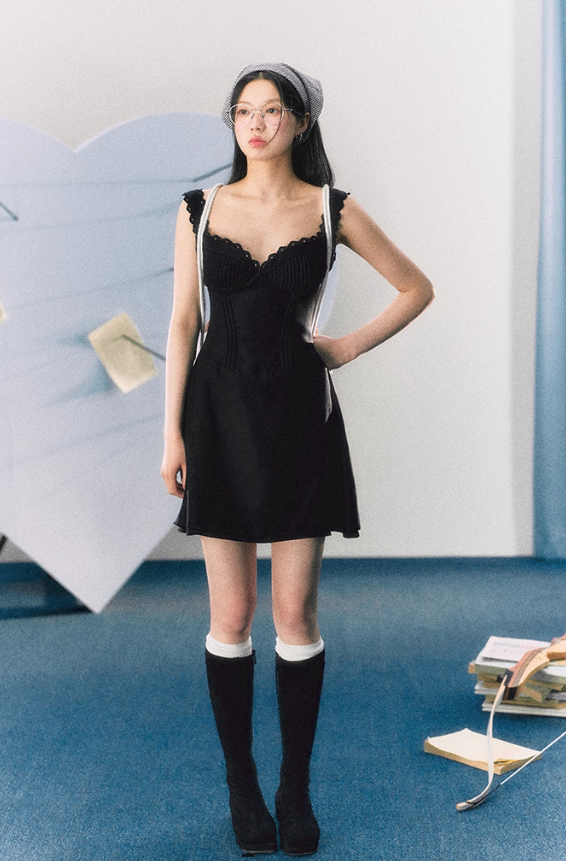 French pure black suspender dress sexy lace skirt R3323