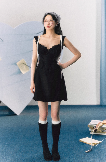French pure black suspender dress sexy lace skirt R3323