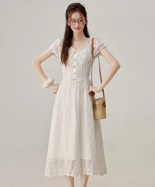 2025 summer new French high-end white dress short-sleeved skirt R1892