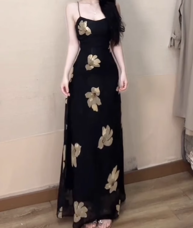 Large size French sexy printed suspender dress with waist and beautiful slim long skirt R1849