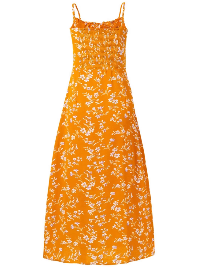 2025 Summer New Yellow Floral Sexy V-neck Mid-length Holiday Suspender Dress R0964