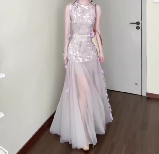 Purple mesh jacquard vest dress temperament waist A-line long skirt R0733
