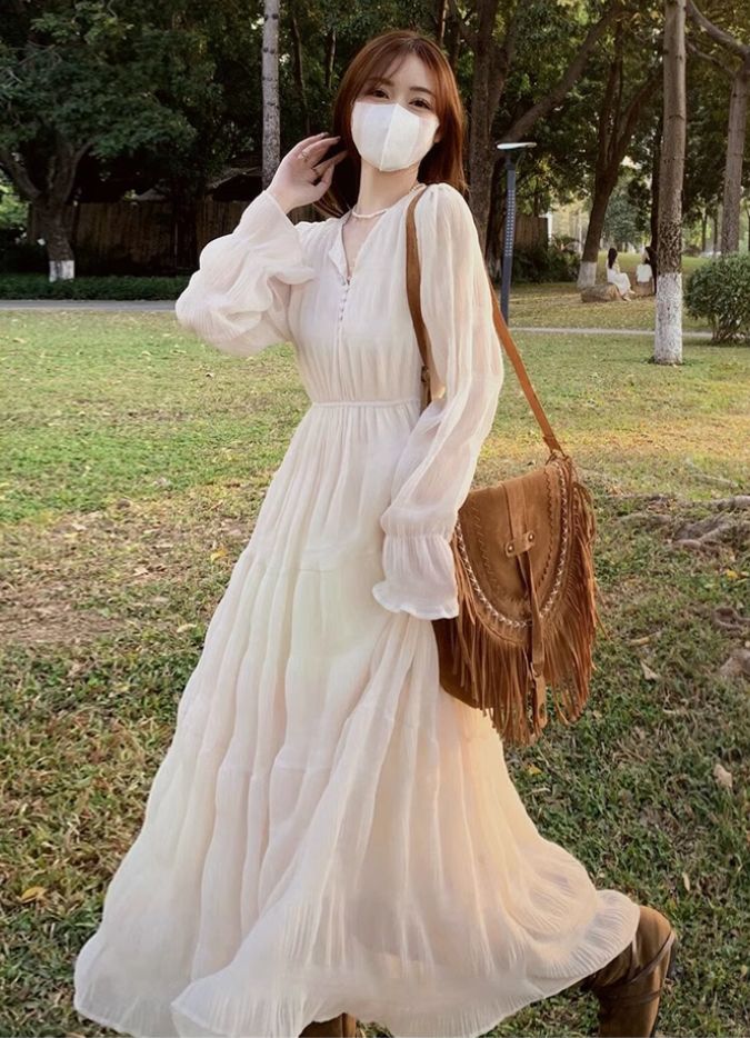 Tea break French style white beach dress waist slimming holiday long dress chiffon dress R1696