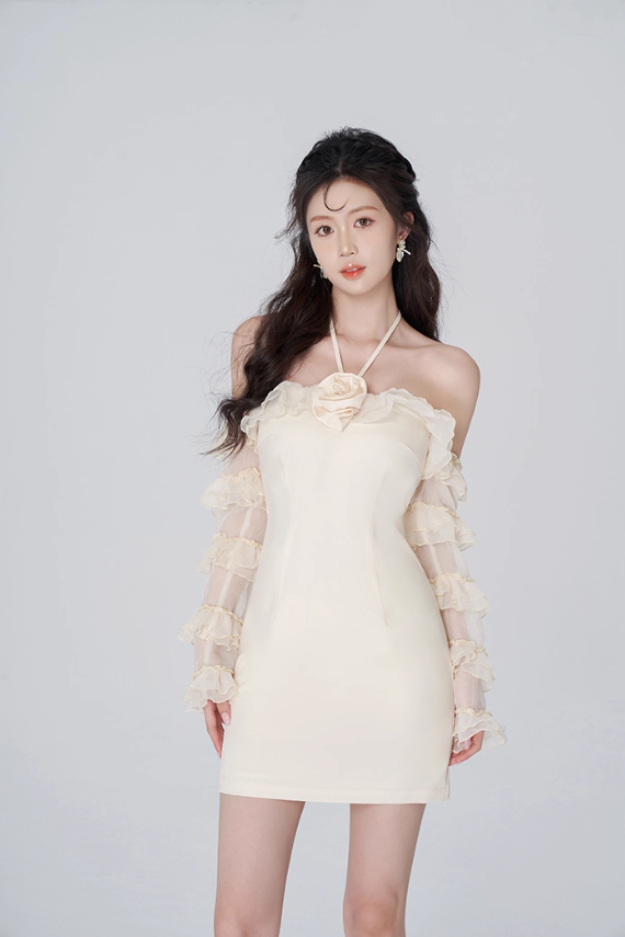 Tea break French dress women's summer white halter neck short skirt new style chic niche skirt R4463