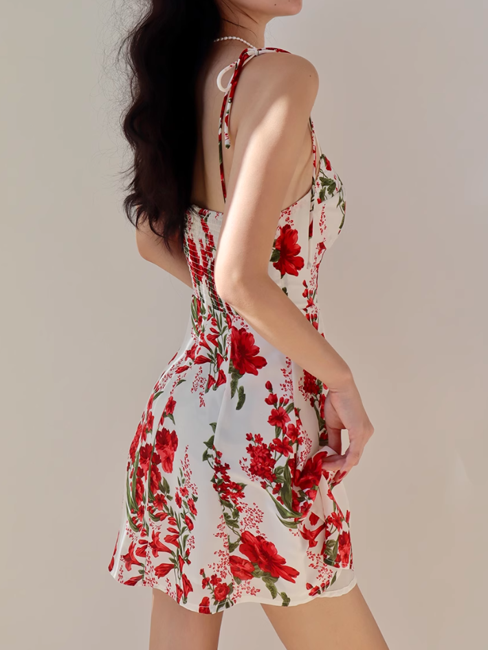 European and American style casual big red flower print suspender dress short skirt R2823