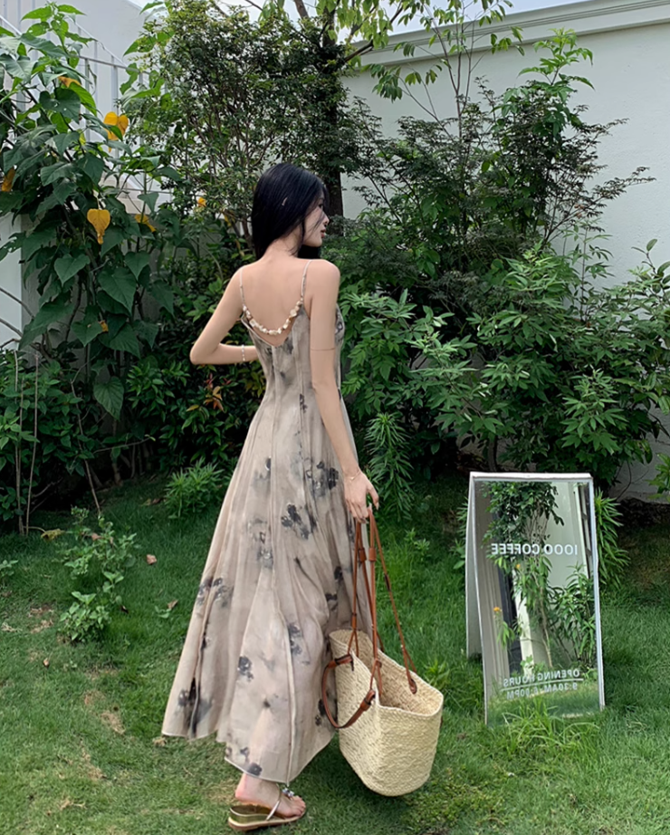 Fairy new Chinese style ink-dyed dress design backless holiday style suspender long dress R1724