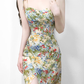 2025 summer new high waist oil painting slim waist floral holiday suspender dress R0931