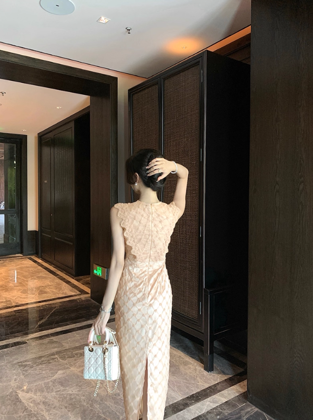 Retro Heavy Khaki Sleeveless Three-Dimensional Decorative Dress for Women R4257