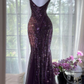 Purple sequined halter-neck fitted sexy ball gown R6526
