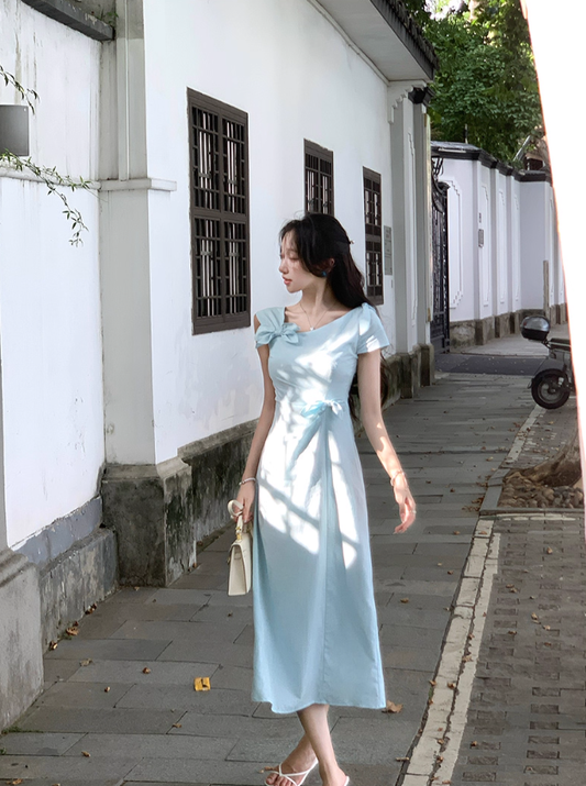 Light blue irregular dress summer new style generous and decent temperament slim long skirt R4220