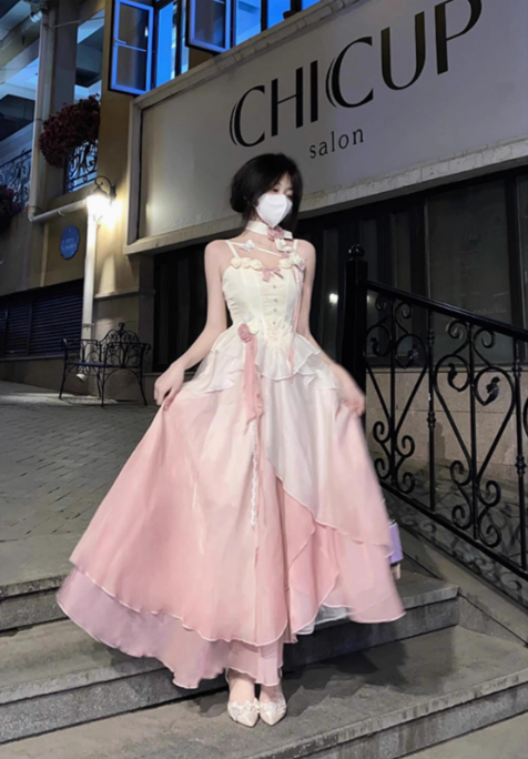 Spring Breeze French Lolita Gradient Pink Fairy Fishbone Sling Lolita Princess Dress Two-piece Set R1656