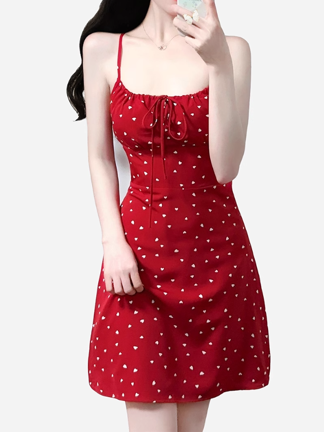 2025 Summer New Red Polka Dot High Waist Vacation Small A-line Suspender Dress R0965