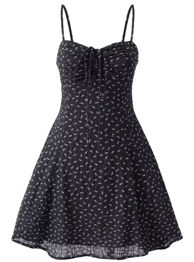 2025 Summer New Black Retro Floral A-line Waist Short Suspender Dress R0977