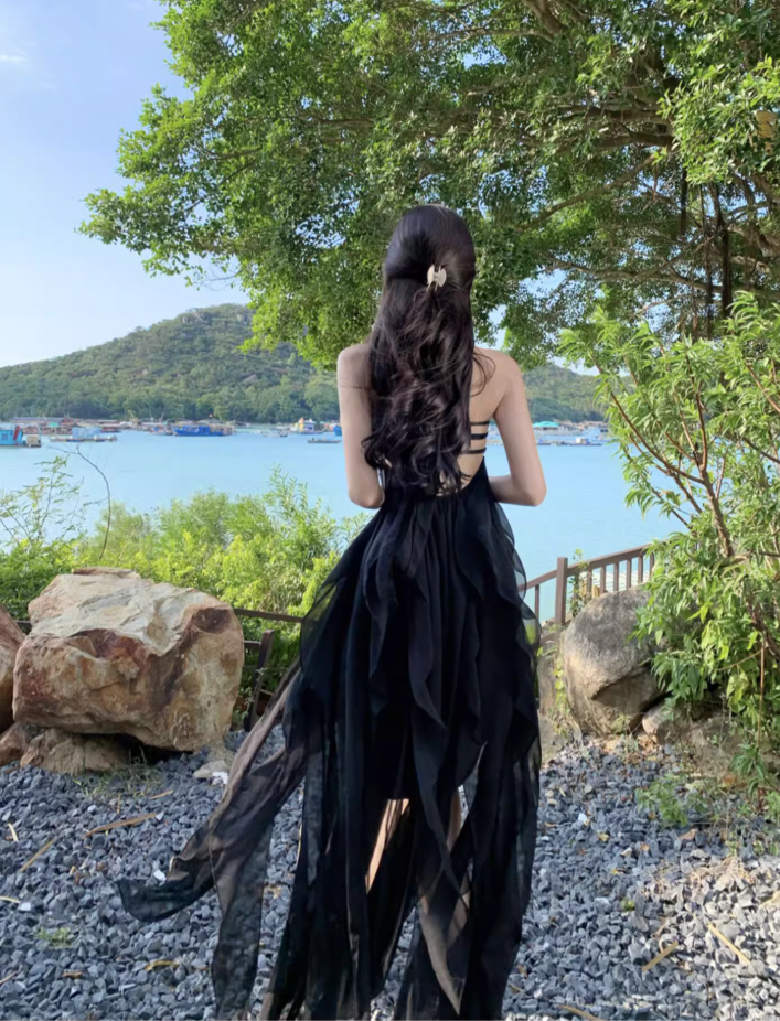 Black sexy tube top long skirt elegant and fairy irregular hem halter neck backless beach dress R1618