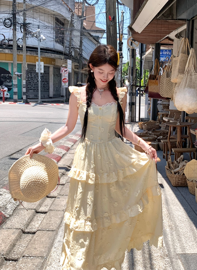 Yellow long small flying sleeve waist suspender dress summer French A-line sweet style skirt R4697