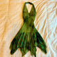 Green tie-dyed halter neck, slim waist, irregular hem short skirt homecoming dress R2625