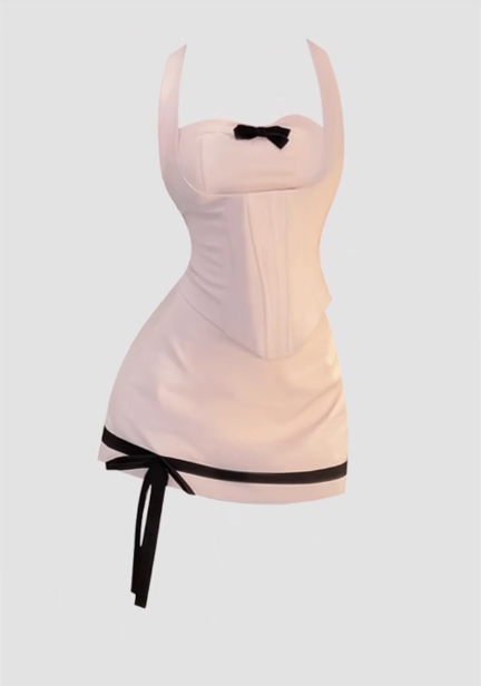 Sweet and spicy design bow halter neck short top 2025 pure desire style hip skirt suit R1095