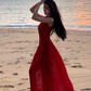 Fairy red off-shoulder dress with slim waist and long swing chiffon dress for holiday R1743