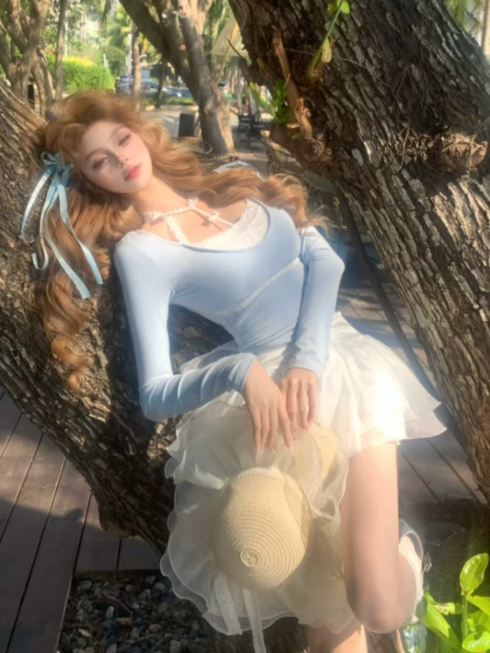 Pure desire style lace pleated waist top 2025 sweet and spicy puffy skirt suit R1381