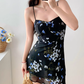 Retro black bottom floral suspender dress slim fit ruffled holiday dress R2805