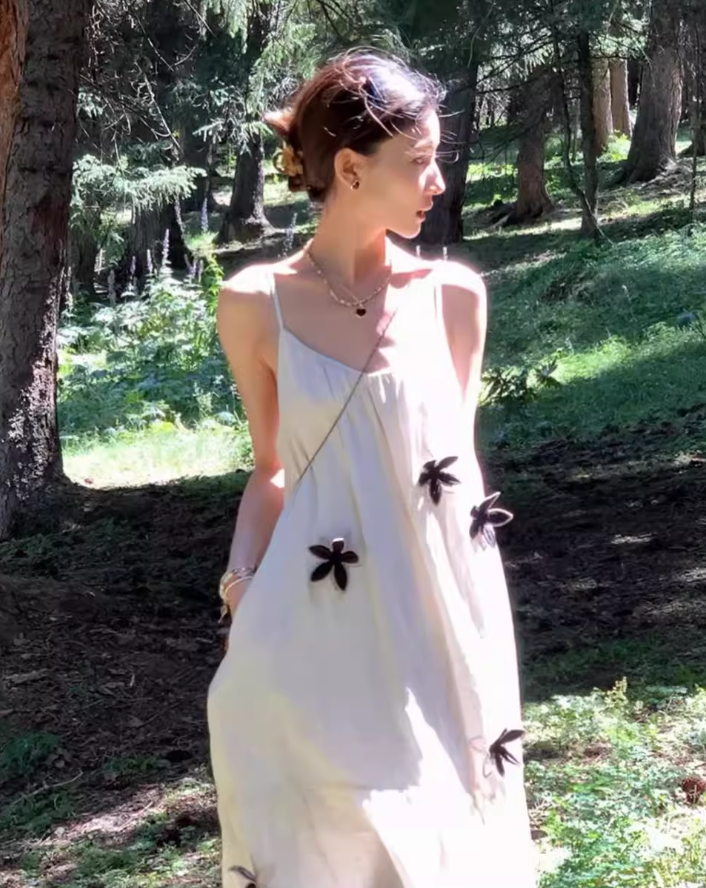 Beach dress with embroidered flowers, cotton and linen, holiday style, loose suspender dress R1610