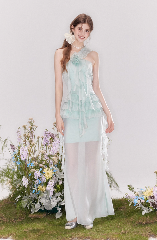 French holiday romantic ruffled cake skirt fishtail skirt suit R4545