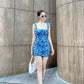 Blue tie-dye suspenders waist pleated hip skirt homecoming dress R3197