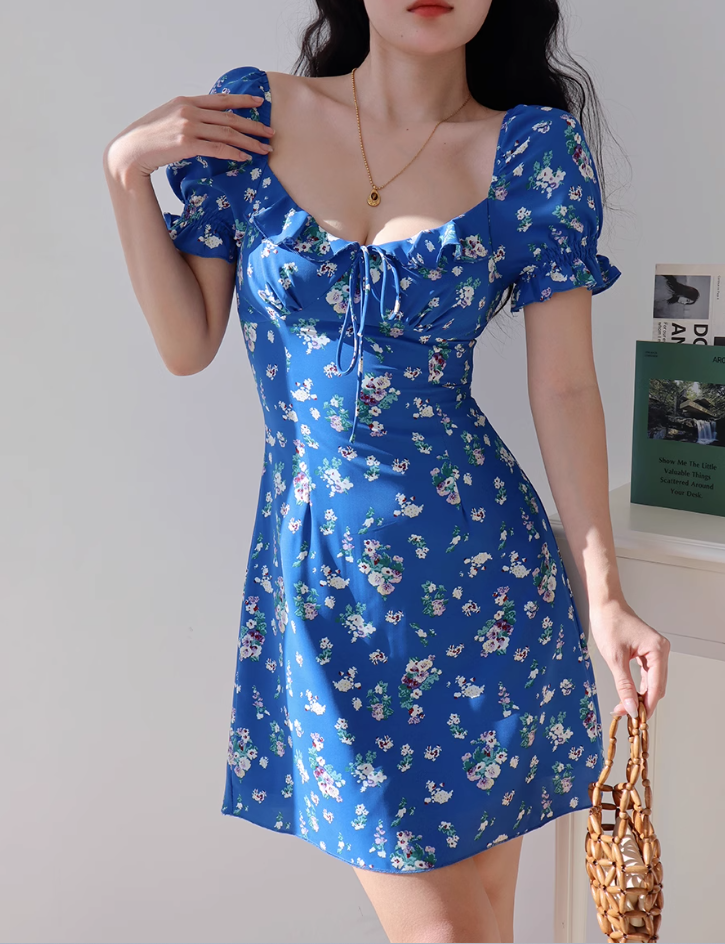 Klein blue floral slim fit versatile puff sleeve dress waist short skirt R2857