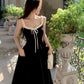Black skirt, white suspenders, slim waist, A-line long skirt, homecoming dress R3728