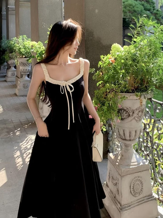Black skirt, white suspenders, slim waist, A-line long skirt, homecoming dress R3728