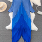 Temperament Sanyake pleated long-sleeved V-neck backless loose tassel gradient color irregular dress R0402