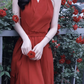 Retro halter neck dress sexy wine red temperament slim high-end dress R1486