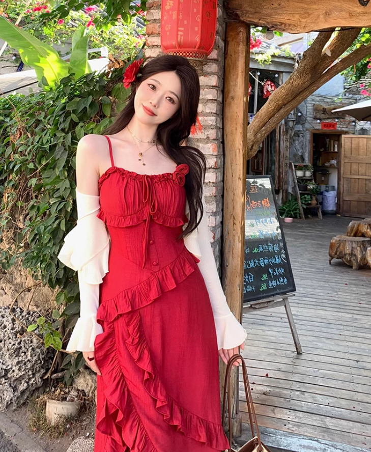 Large size French three-dimensional rose suspender dress high-end slim fit slit holiday dress R1847