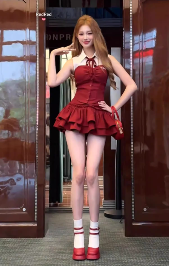 College style sleeveless short contrast color shirt 2025 sweet and spicy puffy skirt suit R1251