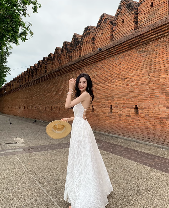 Beach dress suspenders backless dress temperament long skirt holiday style R1565