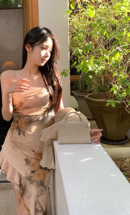 New Chinese style printed backless suspender floral dress sexy holiday wear irregular skirt R1461