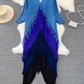 Temperament Sanyake pleated long-sleeved V-neck backless loose tassel gradient color irregular dress R0402