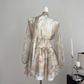 Long-sleeved V-neck puff sleeve chiffon yellow floral dress two-piece waisted short skirt R2106