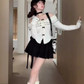 Pure desire style one shoulder long sleeve contrast color top 2025 bow a-line skirt suit R1310