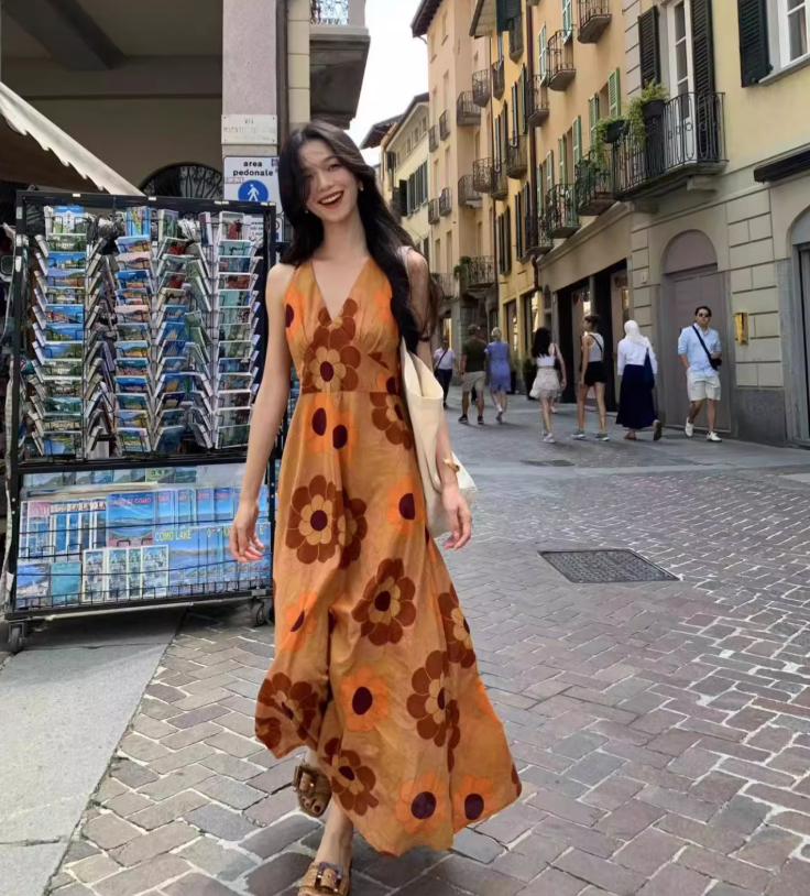 Island travel outfit holiday print dress bohemian beach dress R1562