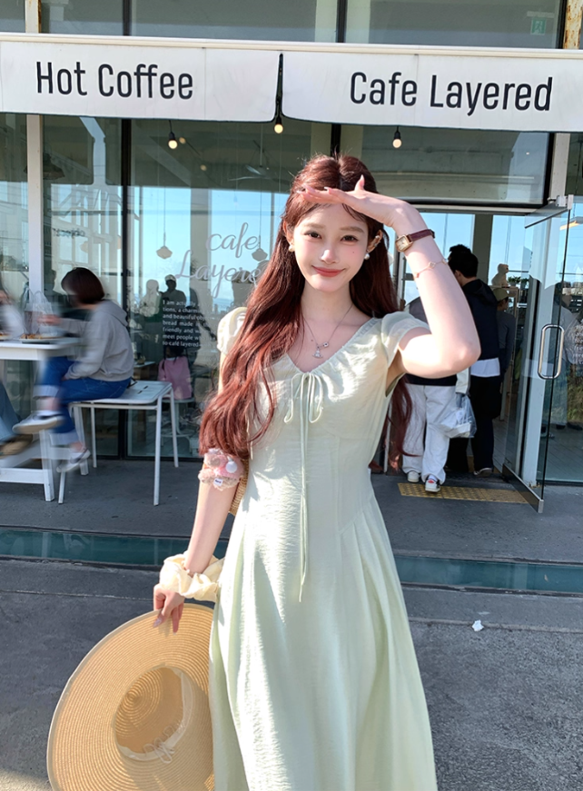 Green long v-neck short-sleeved dress women's summer loose slim temperament skirt R4832