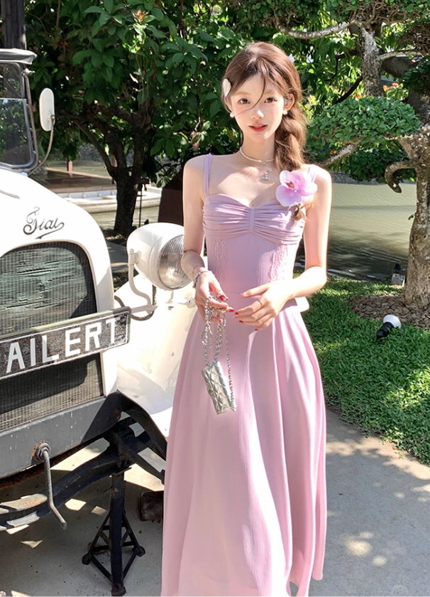 Solid color long waist suspender dress French retro slim skirt R4945