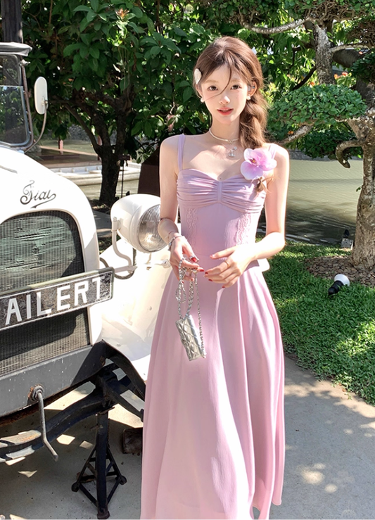 Solid color long waist suspender dress French retro slim skirt R4945